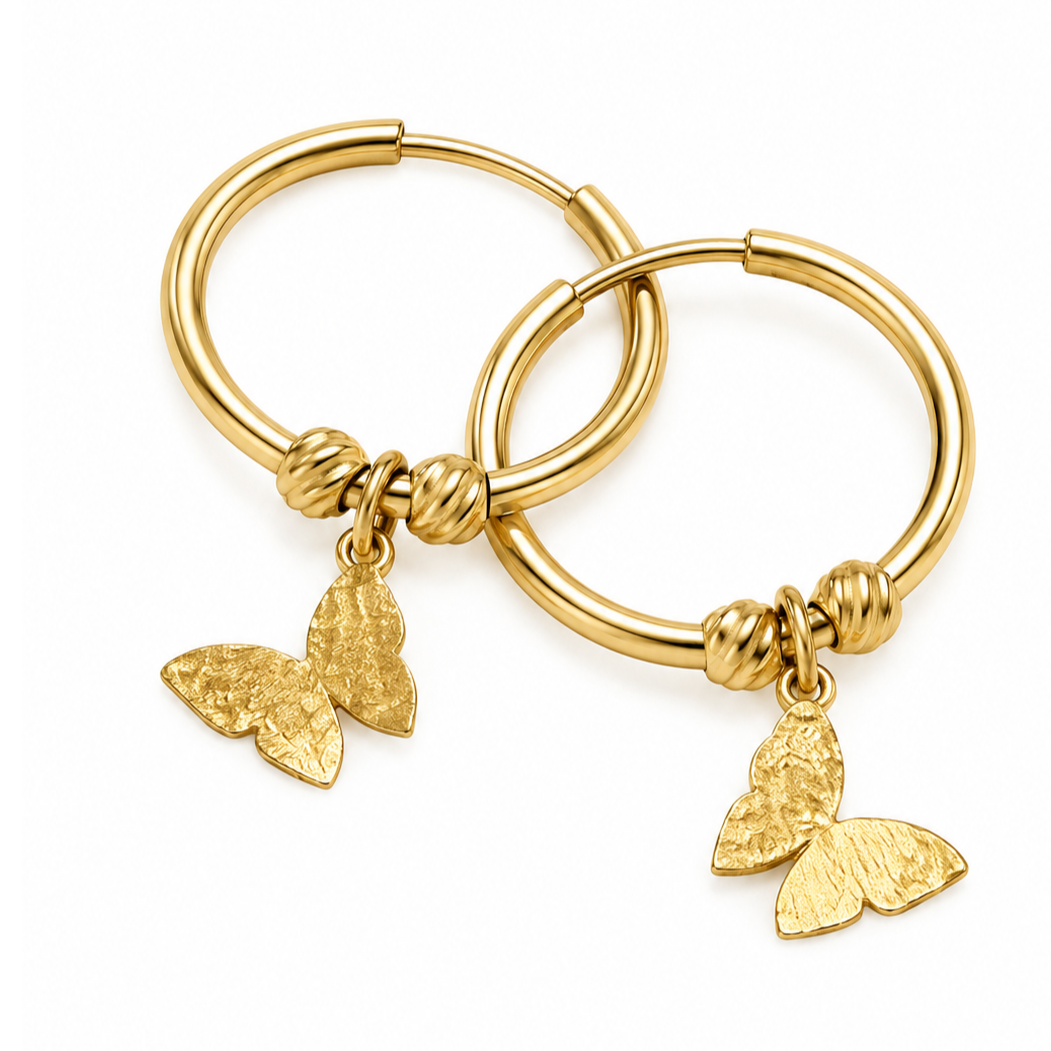 گوشواره طلا 18 عیار مدل حلقه ای گوی دار پروانه ای وزن 0.990 گرم 